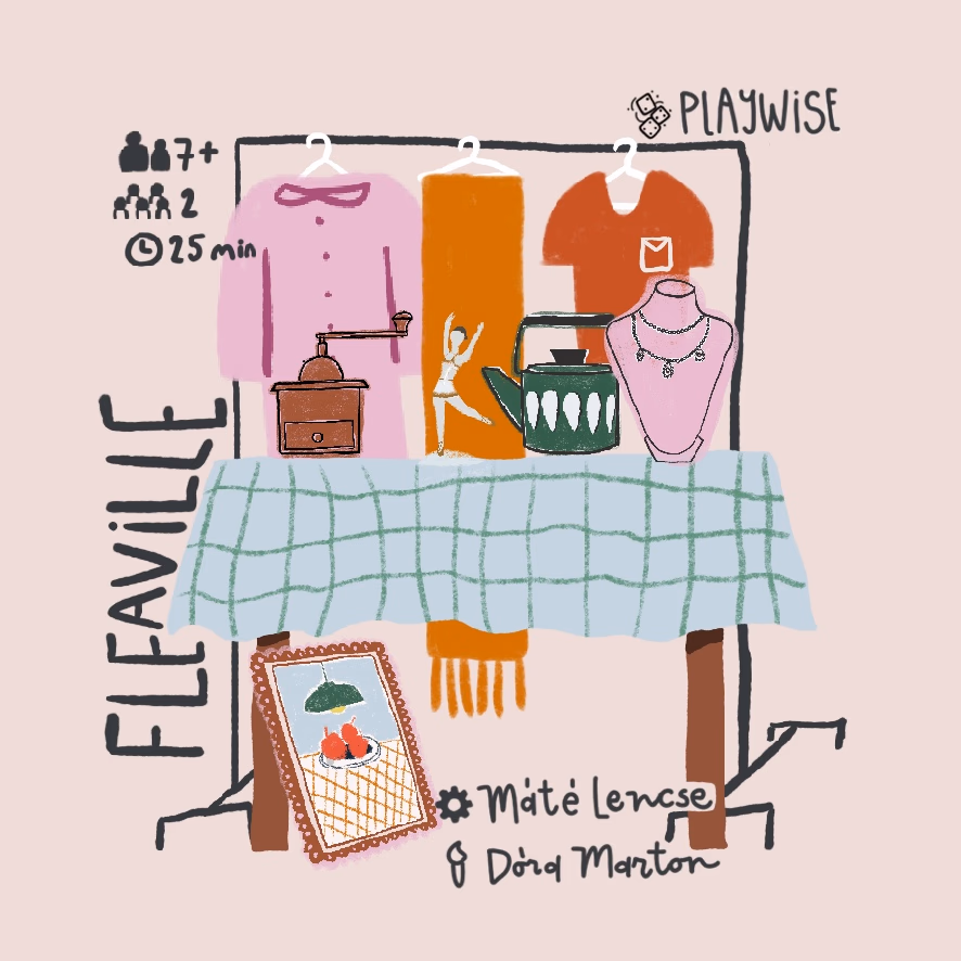 Fleaville card game showing antique-themed cards and dice