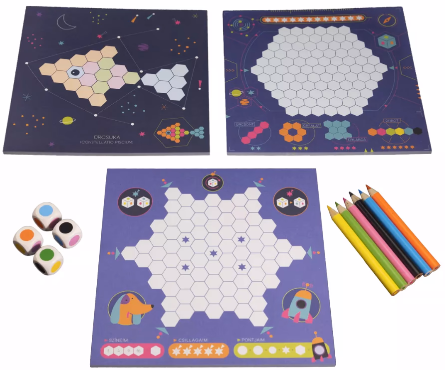Lajka board game components showing colorful game boards and dice