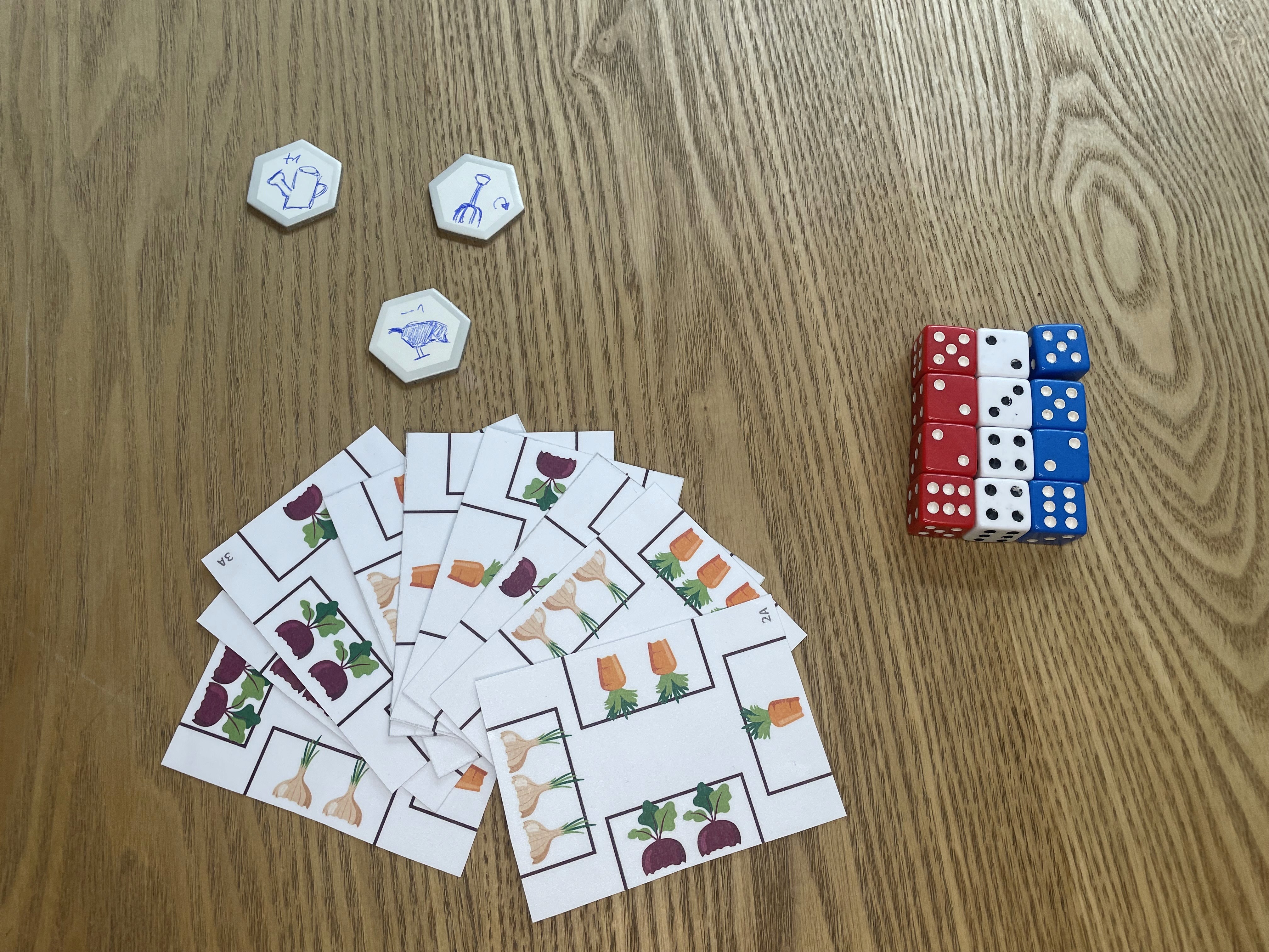 Veggie Patch game components showing cards and dice setup