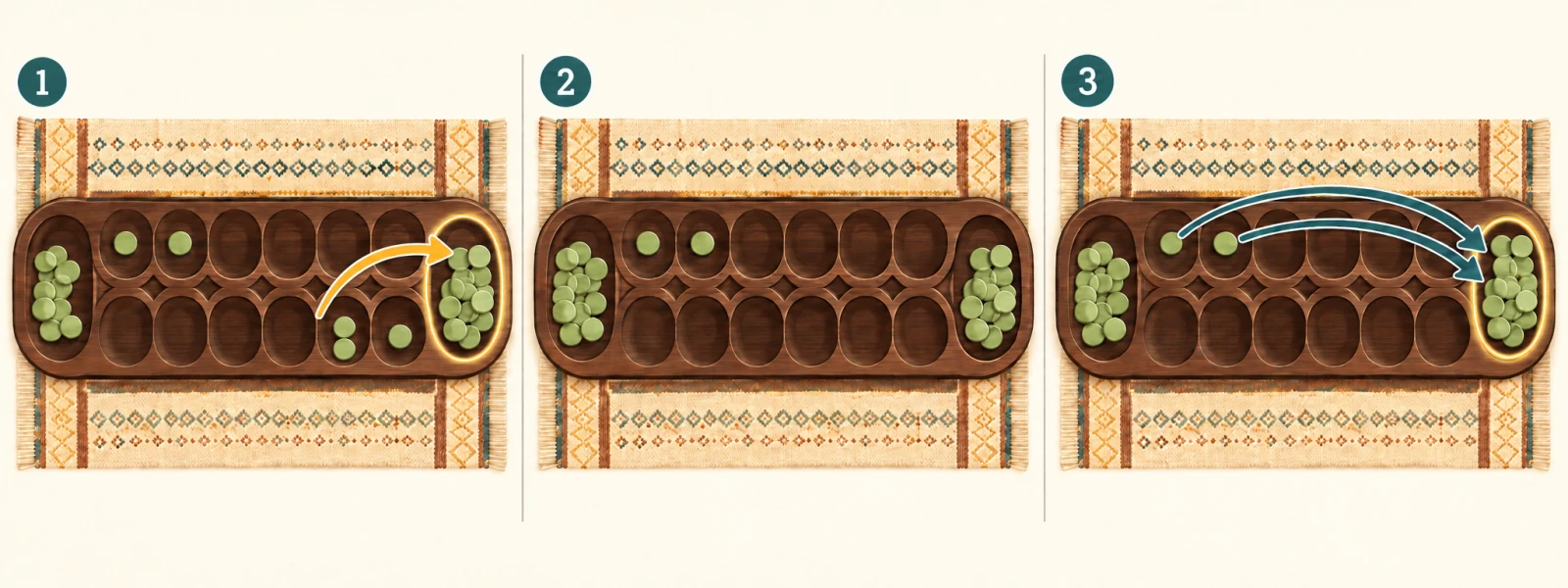 Three-panel diagram showing the final move, an empty side and the collection of remaining stones in Kalah