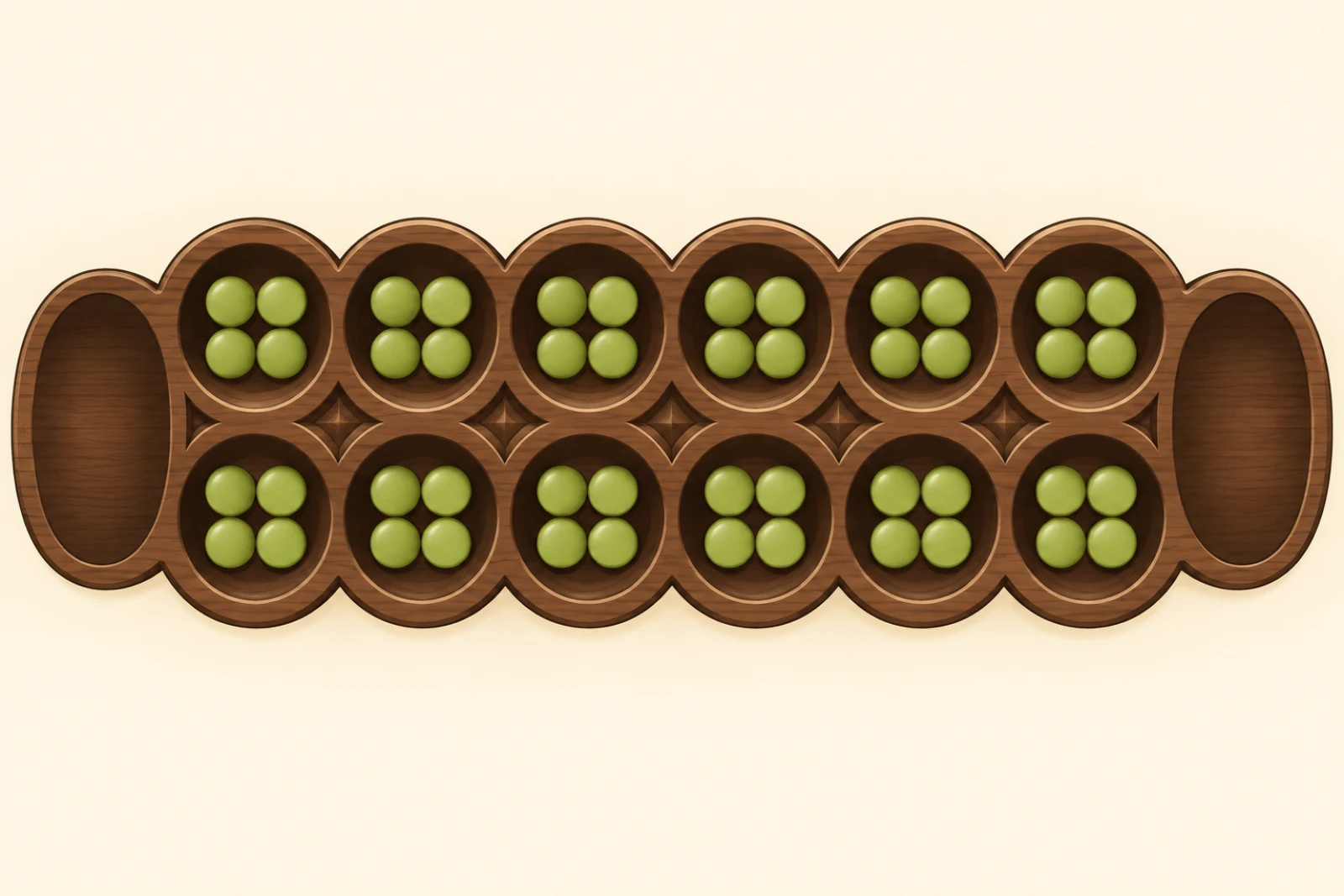 Diagram of a Kalah starting position with four stones in every pit