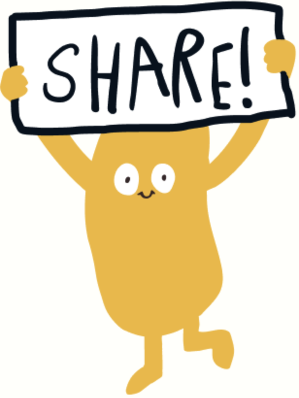 Playful mascot holding a SHARE sign
